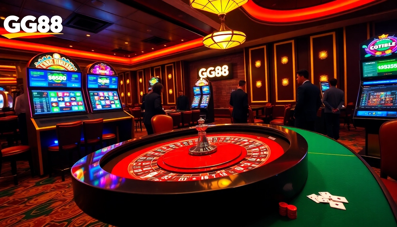 Experience thrilling gameplay with GG88 at this lively casino scene featuring a roulette wheel and poker game.