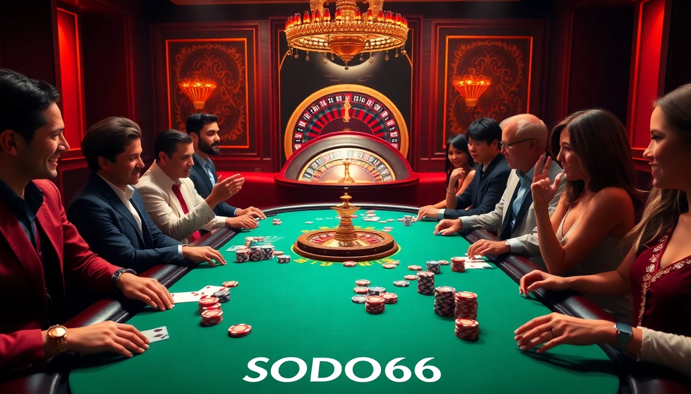 Players enjoying a game at SODO66's vibrant poker table, filled with chips and excitement.
