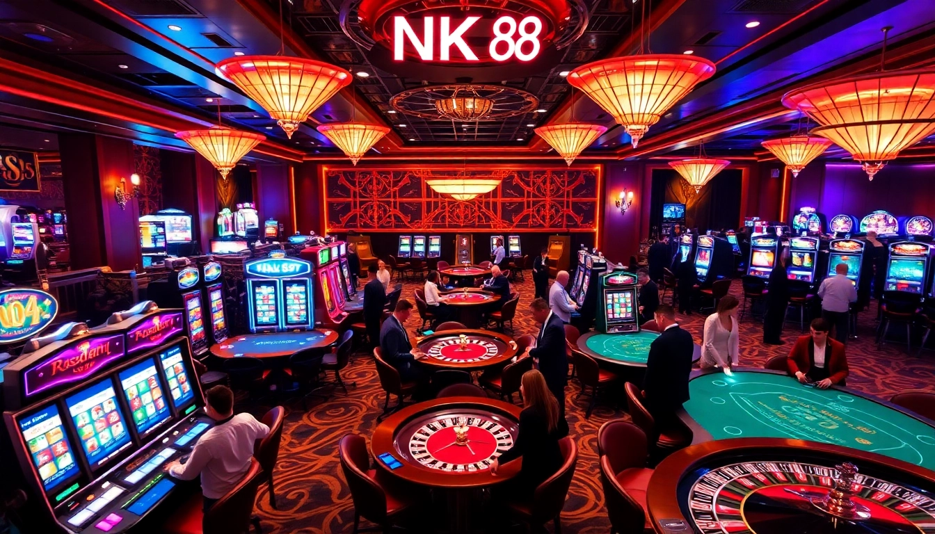 Engage with excitement on the NK 88 casino floor featuring slot machines and blackjack tables.