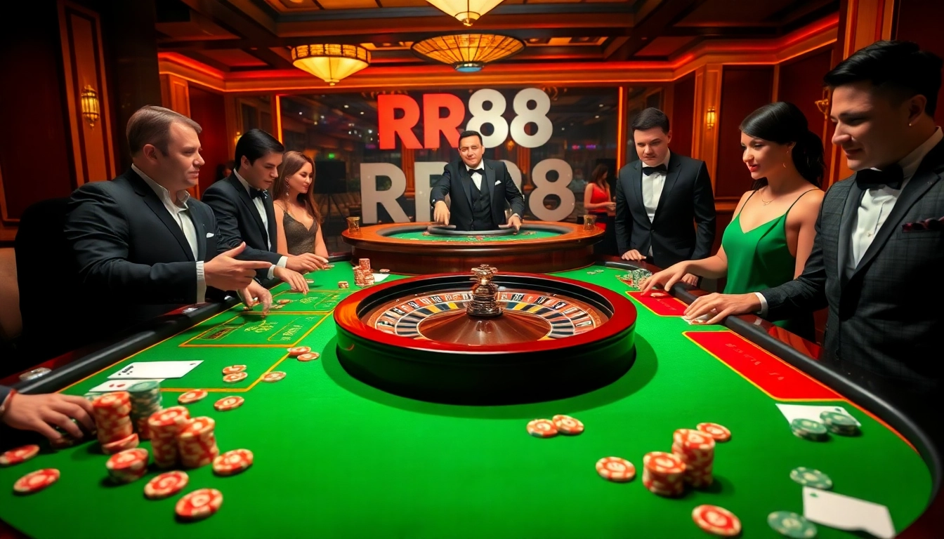 Players enjoying the RR88 casino experience at a vibrant roulette table with poker chips and cards.