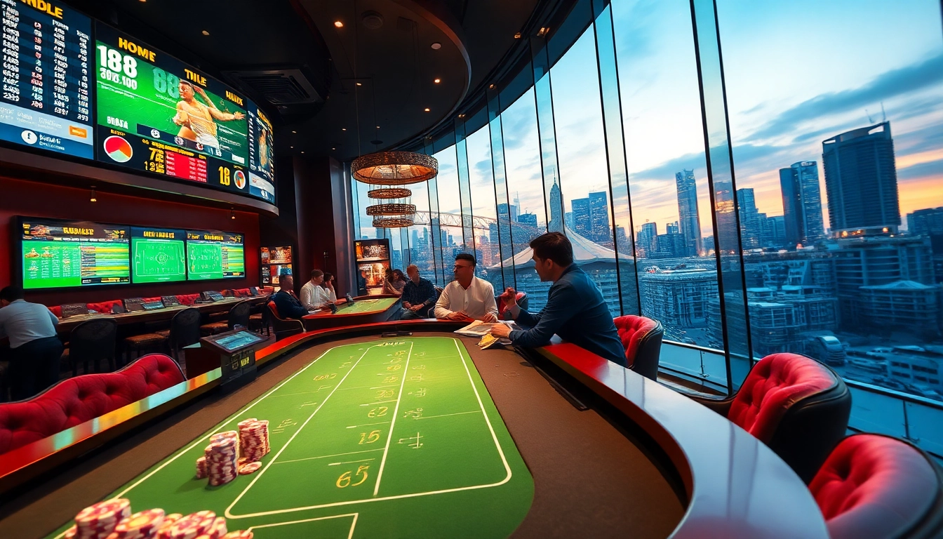 Bettors engaged in strategic analysis of Kèo Bóng Đá odds at a vibrant sportsbook.
