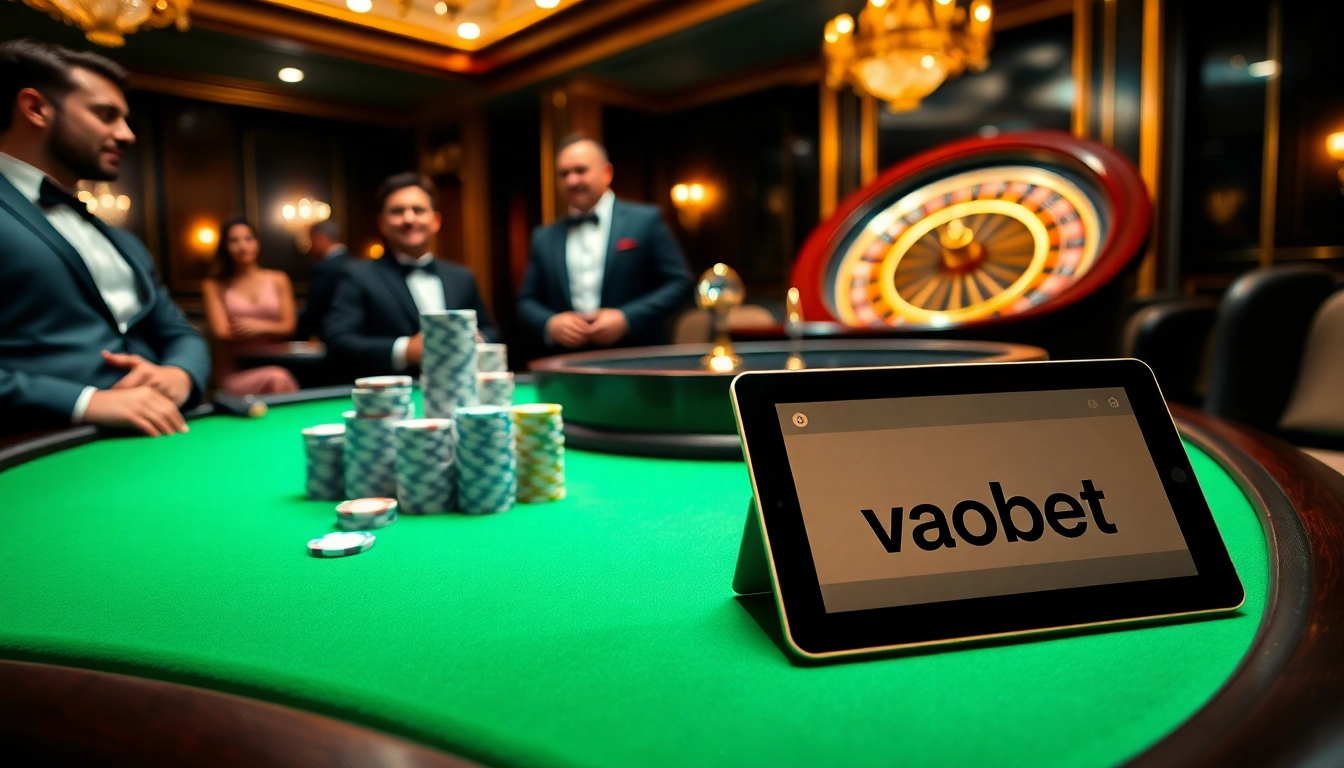 Players enjoying a thrilling poker game at vaobet casino, surrounded by luxury and excitement.