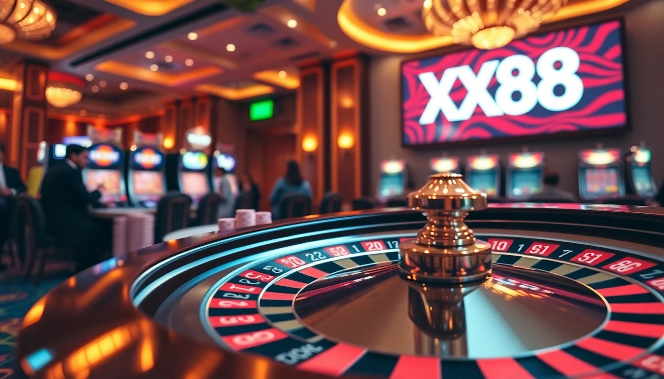 Experience the thrilling atmosphere of XX88 with vibrant slot machines and roulette tables.