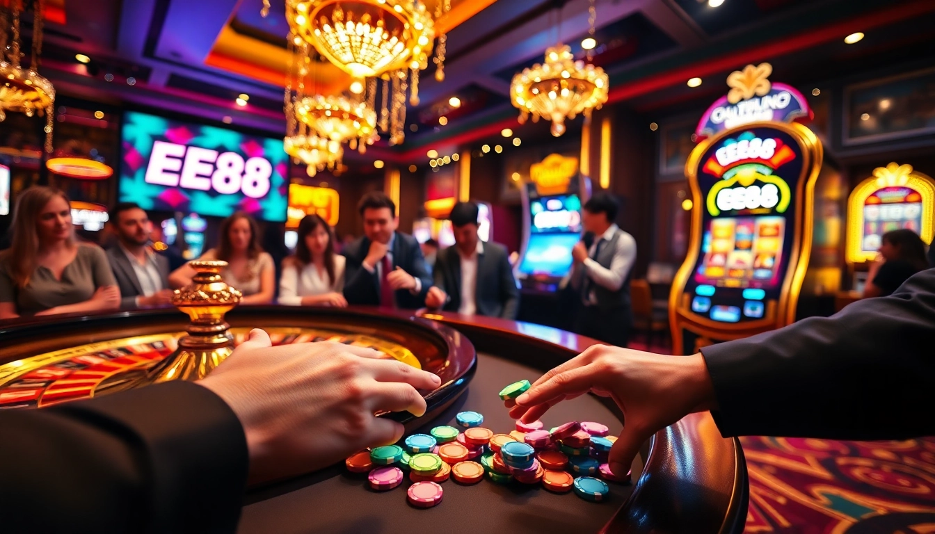 Gamblers enjoying a thrilling game at a casino with the EE88 logo prominently featured.
