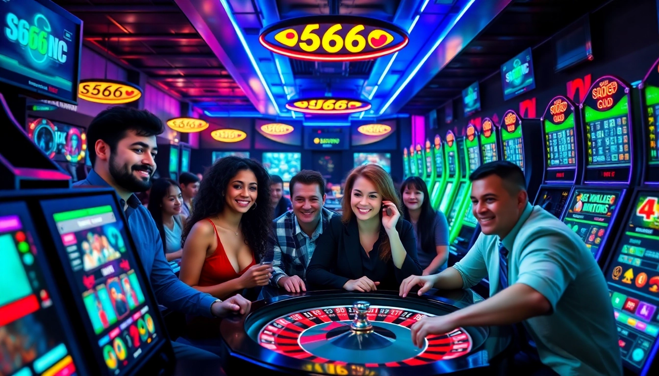 An exciting online gambling scene at s666.nyc, featuring diverse players immersed in poker and roulette games with bright neon lights.