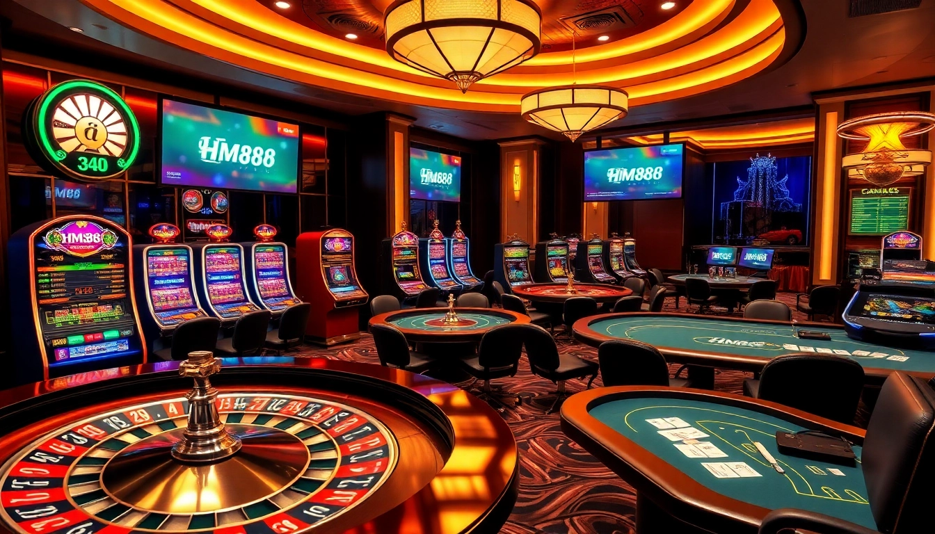 Experience the thrill of gambling with HM88 in a luxurious casino setting featuring roulette and poker tables.