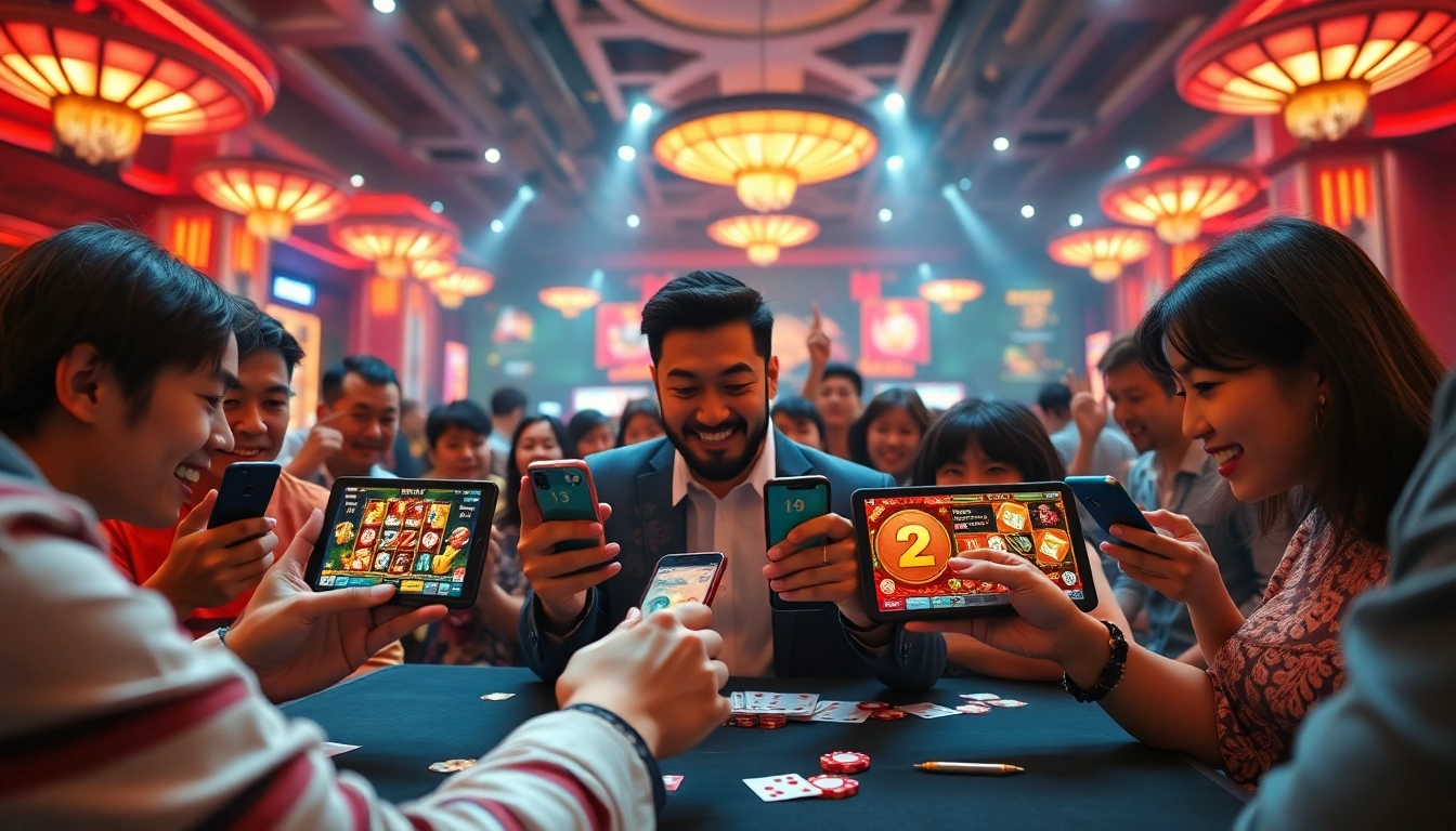 Exciting gaming atmosphere at Lucky88 online casino with players engaged on mobile devices.
