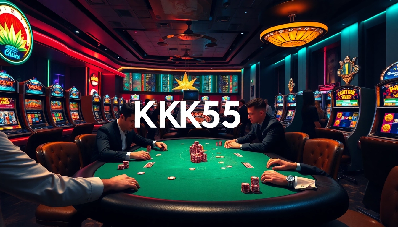 Players strategizing at a KK55 poker table in a vibrant casino atmosphere.