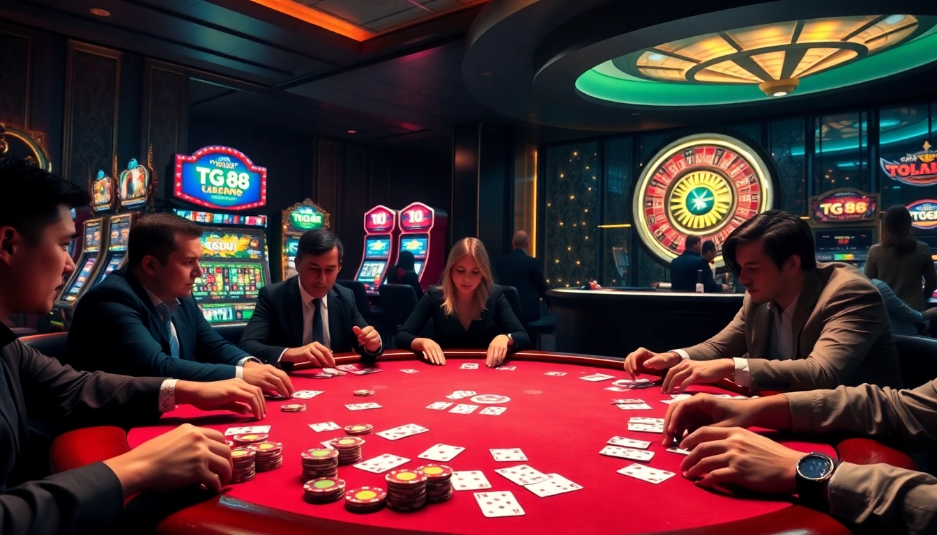 Players engaging in a thrilling card game at a luxurious casino table, embodying the excitement of TG 88.