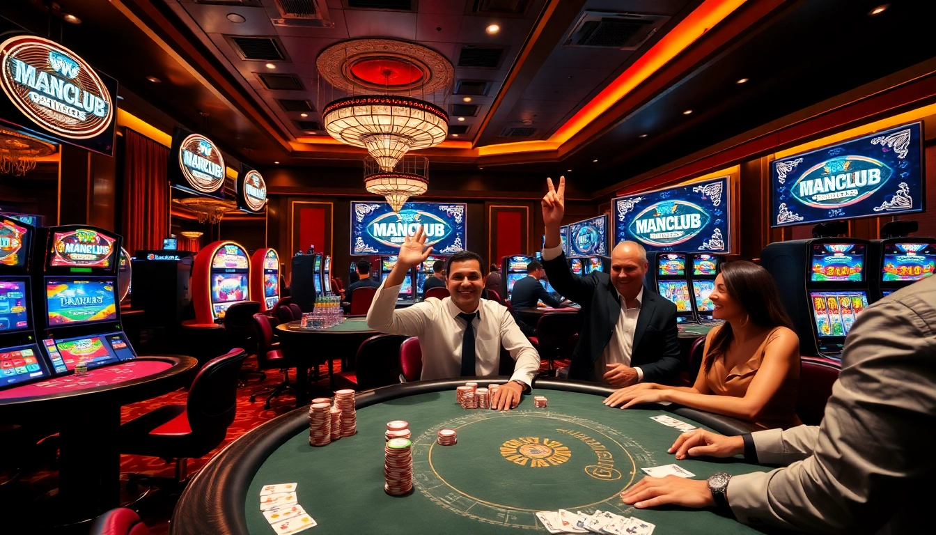 Engage with the exhilarating gaming experience at https://gamemanclub.wiki showcasing poker scenes and vibrant slot machines.