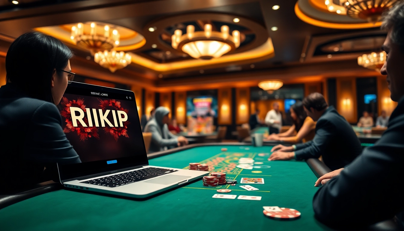 Experience luxury gambling with RIKVIP at a high-stakes poker game featuring elegant casino setups.