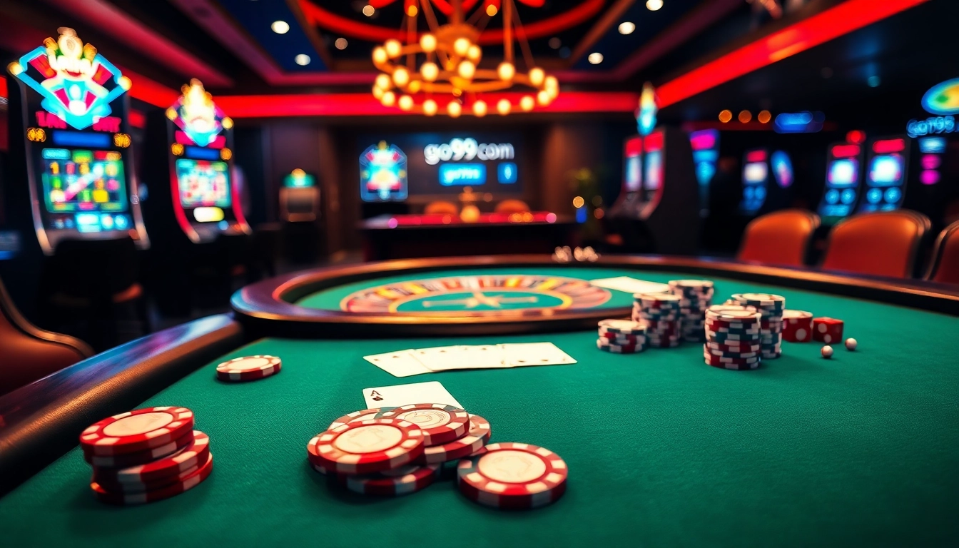 Experience the excitement of go99.com with a vibrant casino scene featuring blackjack and roulette.