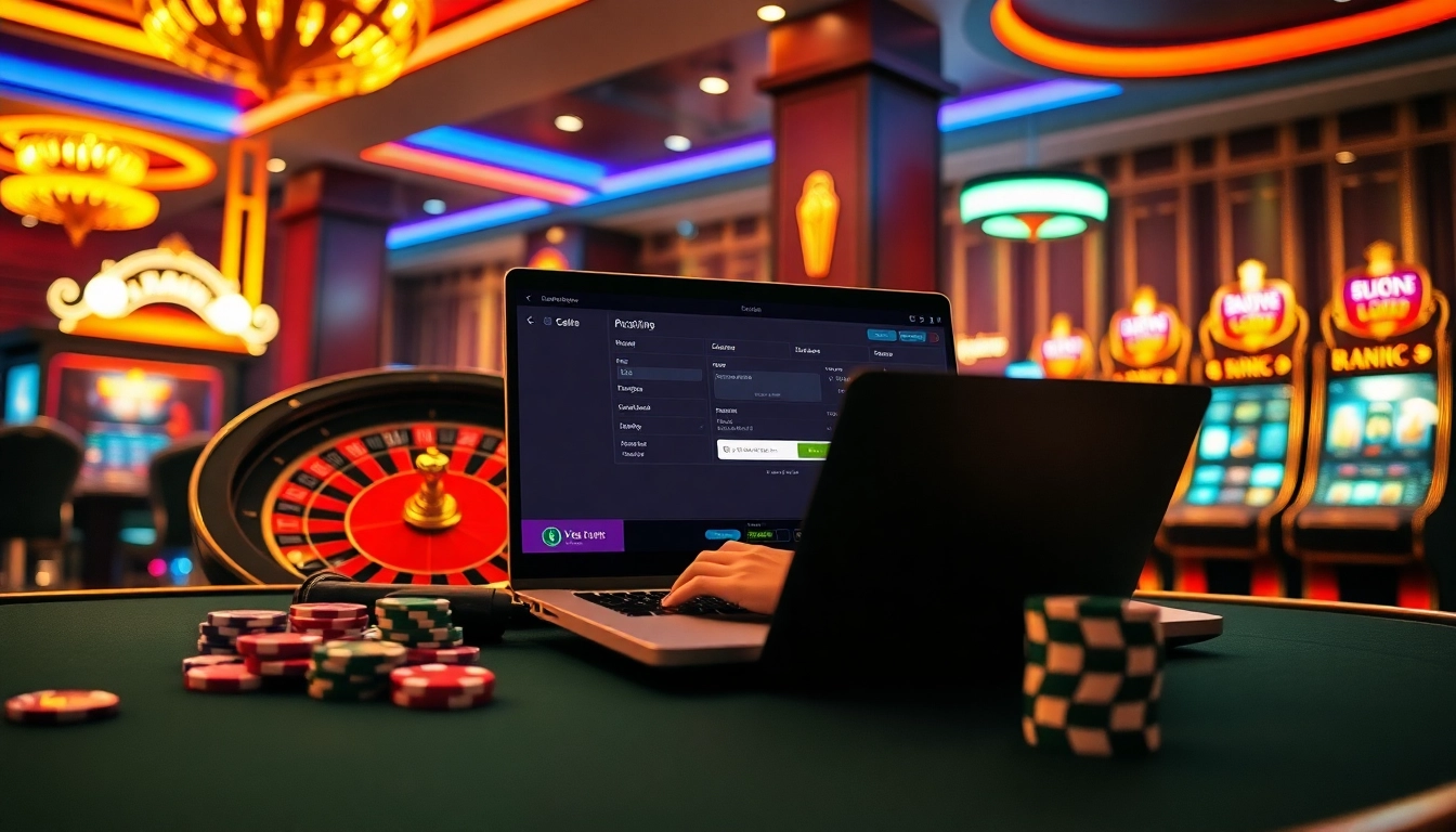 Engaging scene depicting đăng nhập 789F on a laptop, featuring vibrant casino elements.