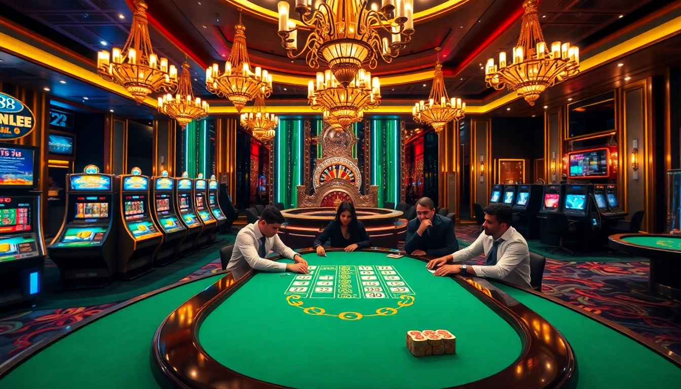 Experience excitement at ku88 Casino with players enjoying gambling activities like poker and slots.