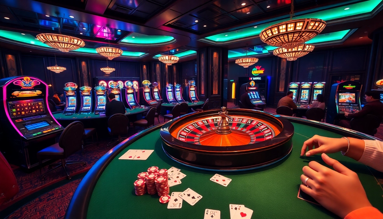 Players enjoying roulette and poker at a luxurious casino setting at xin88hv.club.