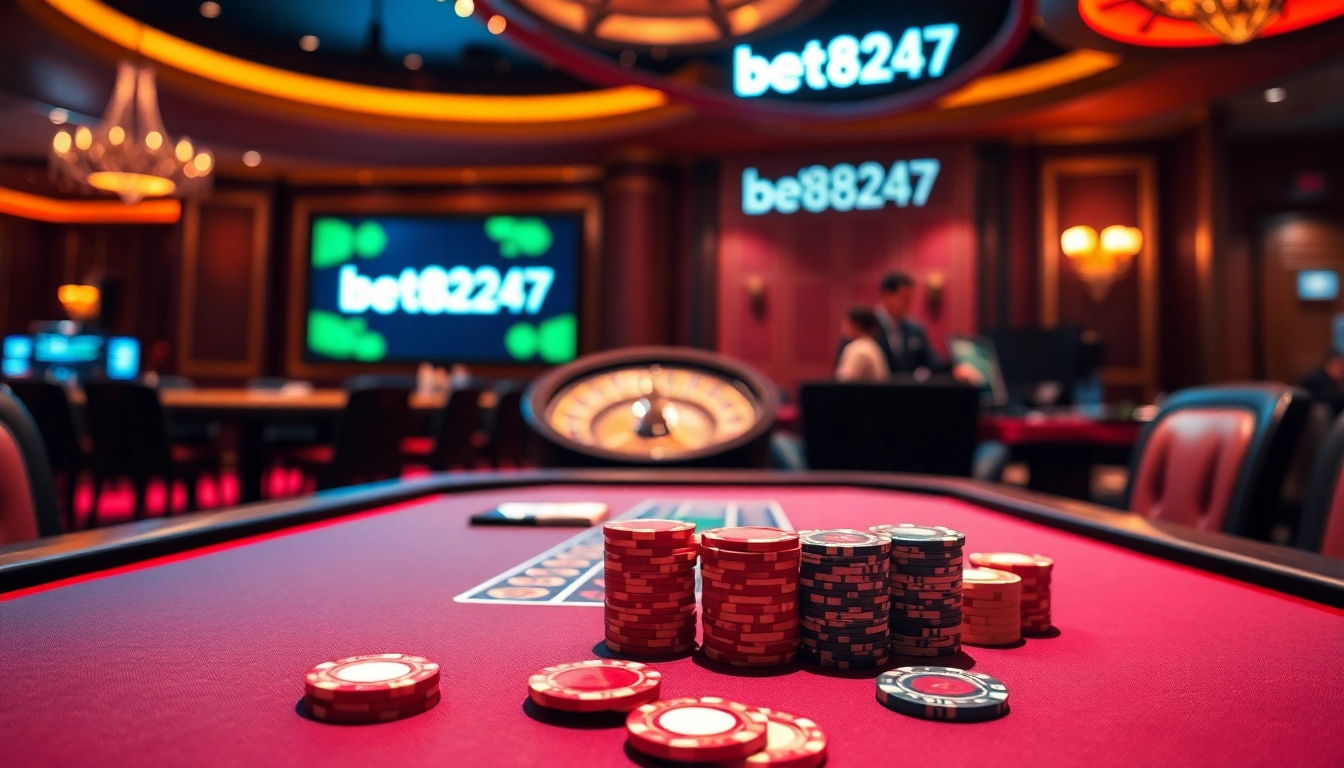 Engaging scene at Bet88247 casino with poker chips, cards, and roulette wheel.