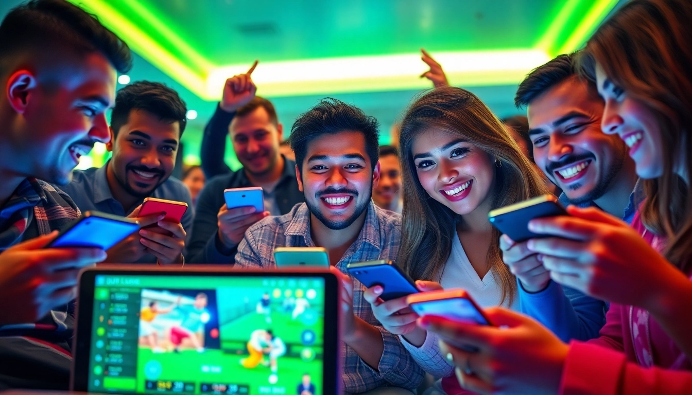 Dynamic online betting scene with DU88 app users celebrating sports events.