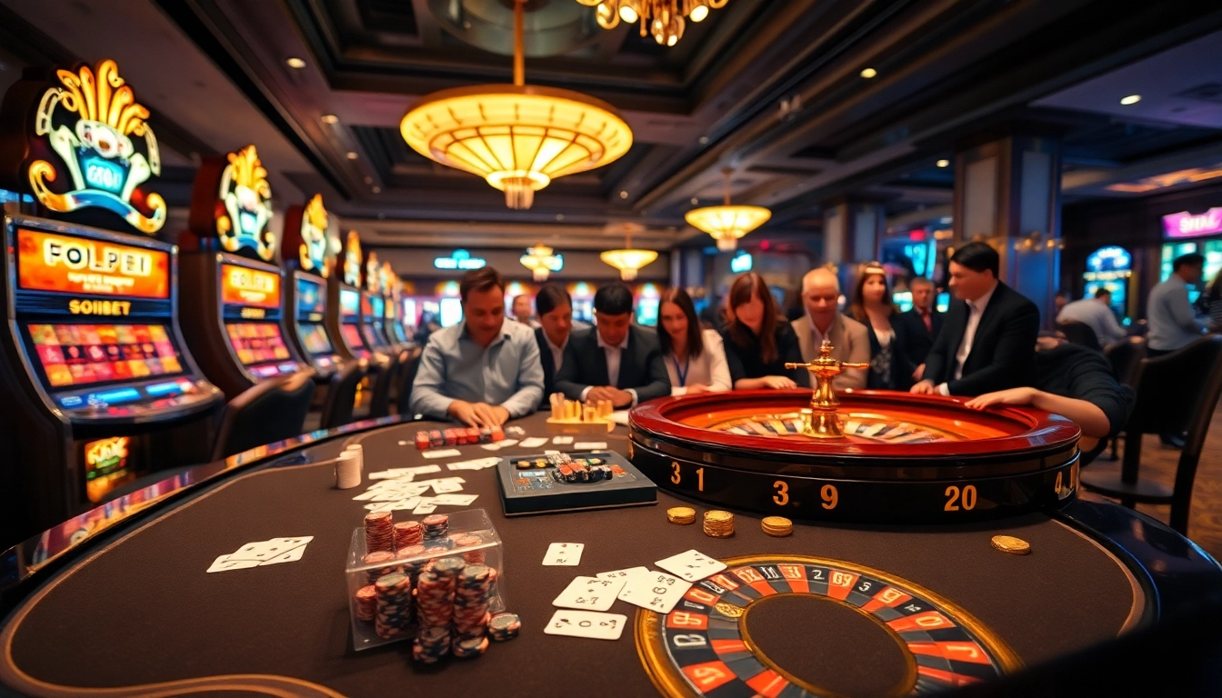 Experience the luxury of SOIBET with vibrant casino games featuring poker chips and glowing slot machines.