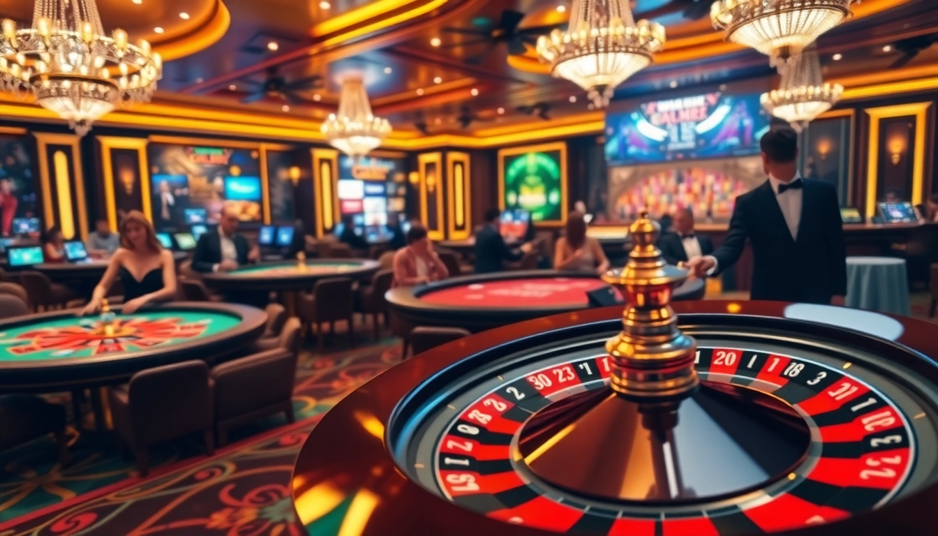 Engaging scene at Nhà cái uy tín Luckywin with vibrant casino tables and players enjoying games.