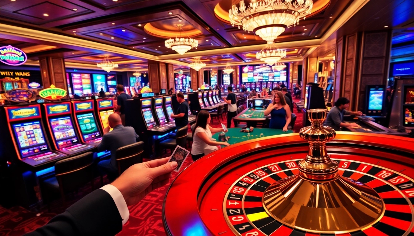 Players enjoying thrilling games at hello88k.blog casino with vibrant tables and slot machines.