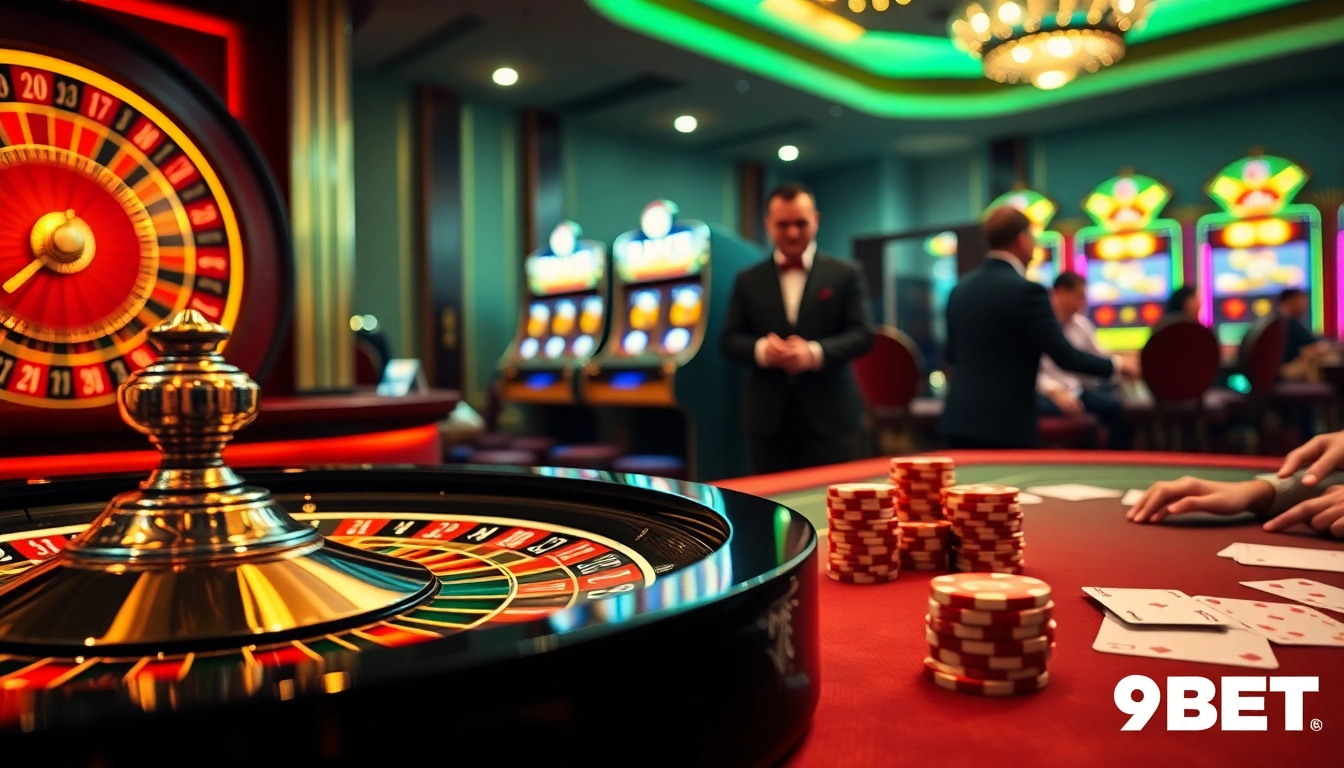 9BET casino scene showcasing high-stakes poker action with vibrant chips and roulette wheel.