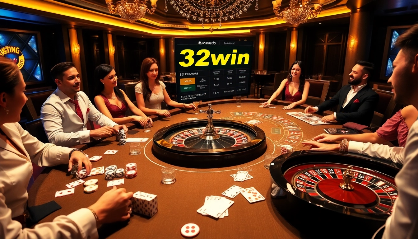 Casino players engaged in a thrilling game at 32win, showcasing poker chips and a roulette wheel.