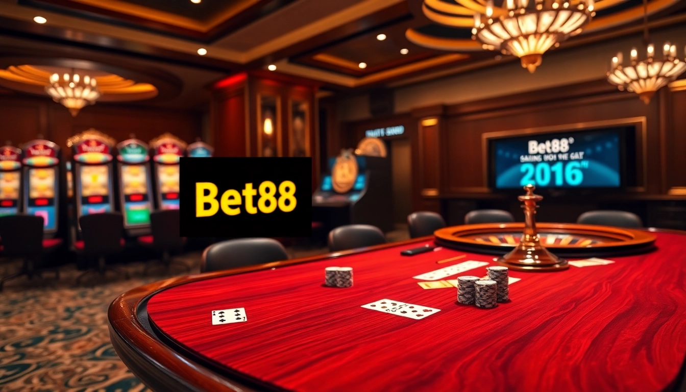 Experience Bet88 đăng nhập with vibrant casino gaming elements, poker chips, and high-tech betting screens.