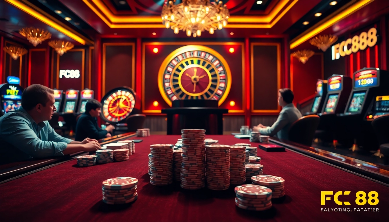 Experience excitement at FC88's luxurious casino with poker tables and vibrant games.