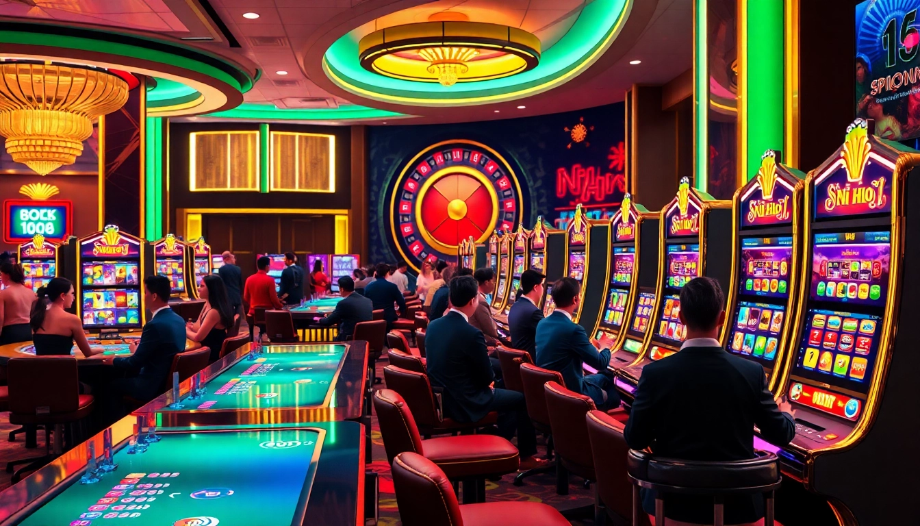 Nổ hũ game action with vibrant slot machines and casino atmosphere, creating excitement.