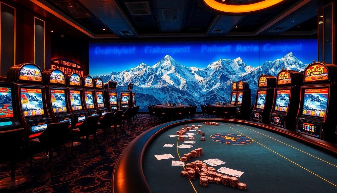 The mount Everest base camp trek meets high-stakes action in this dynamic casino setting, featuring gorgeous poker tables and vibrant slot machines.
