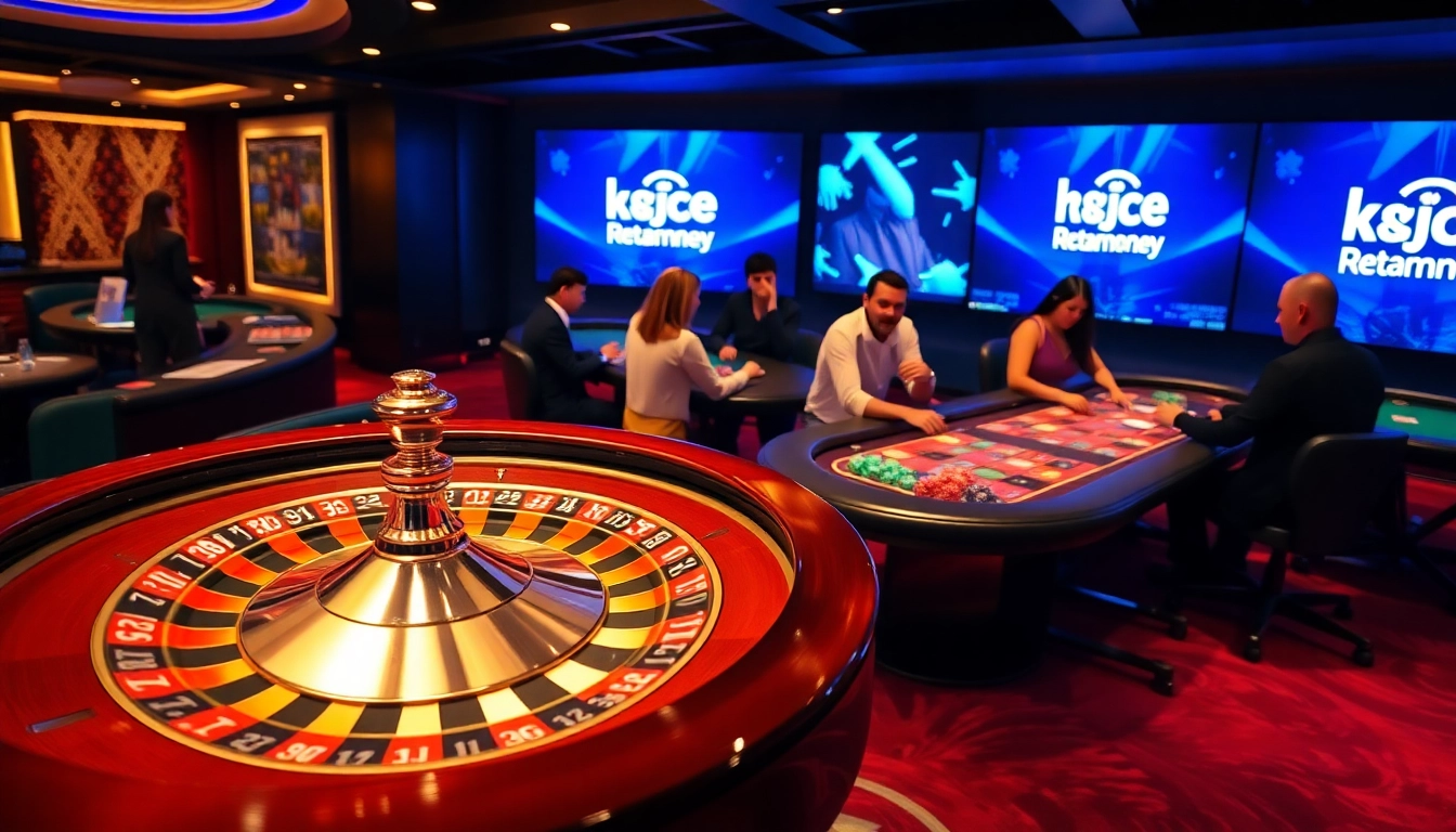Experience the thrill of online gambling with https://kjc.money/ featuring vibrant casino elements like roulette wheels and poker chips.