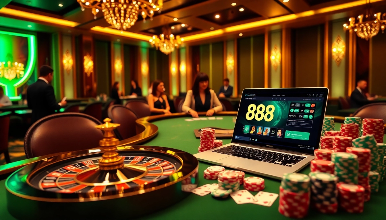 A lively casino scene with roulette and poker elements featuring 888vnd ATQ gaming excitement.