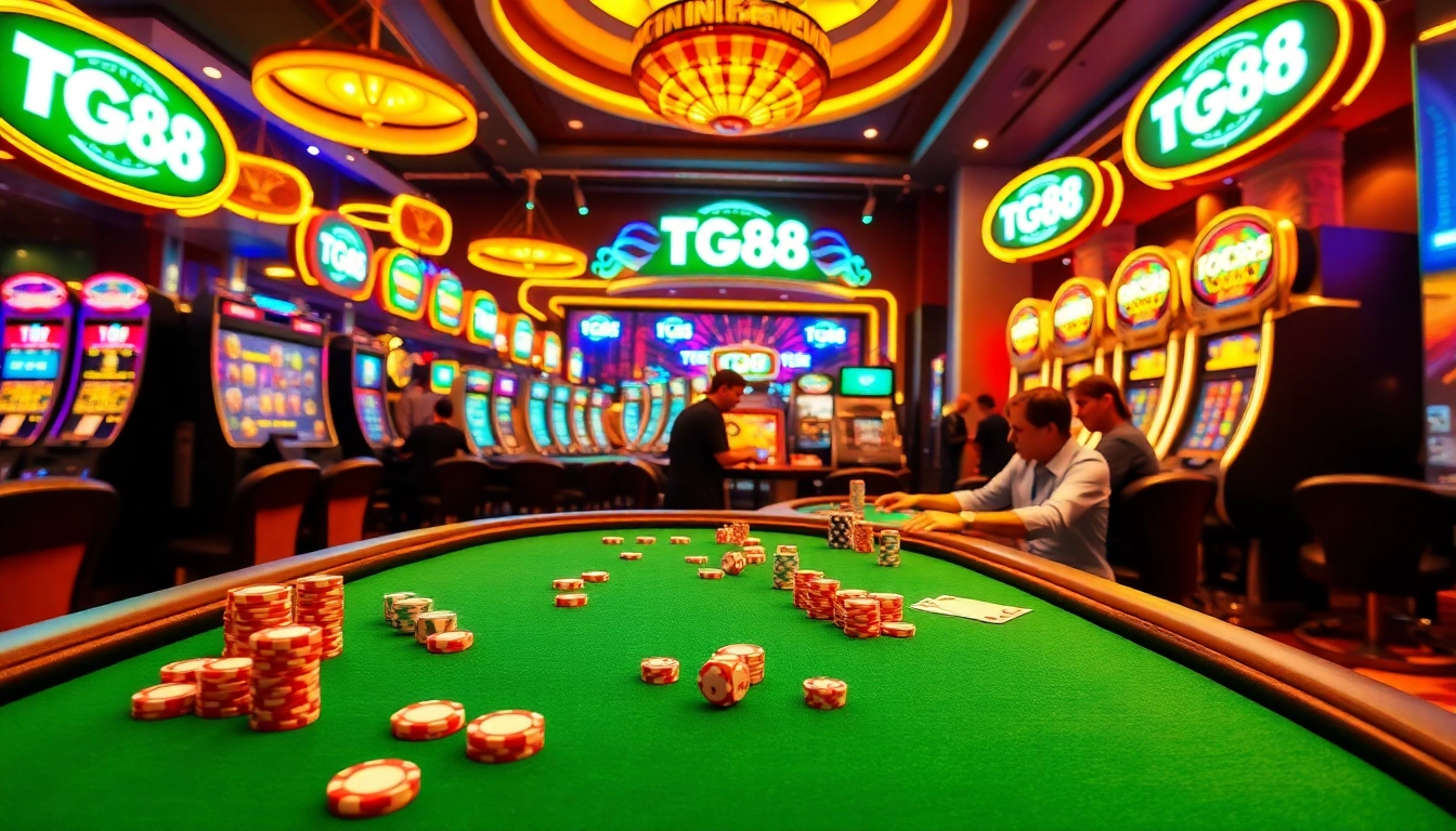 Exciting players gambling at TG88 casino with vibrant slots and poker tables.