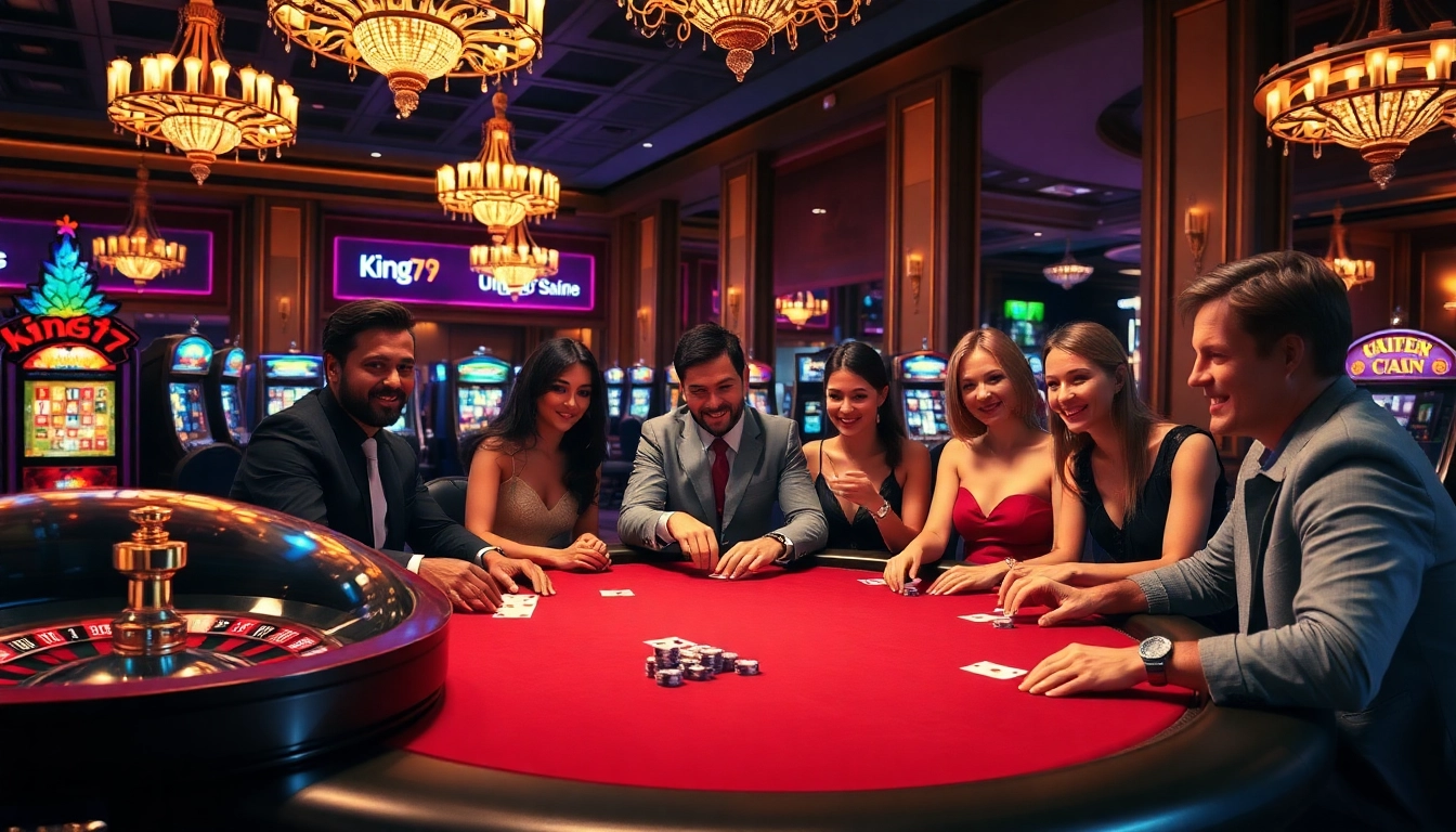 Players enjoy an exciting poker game at King79's luxurious casino, showcasing vibrant decor and thrilling action.