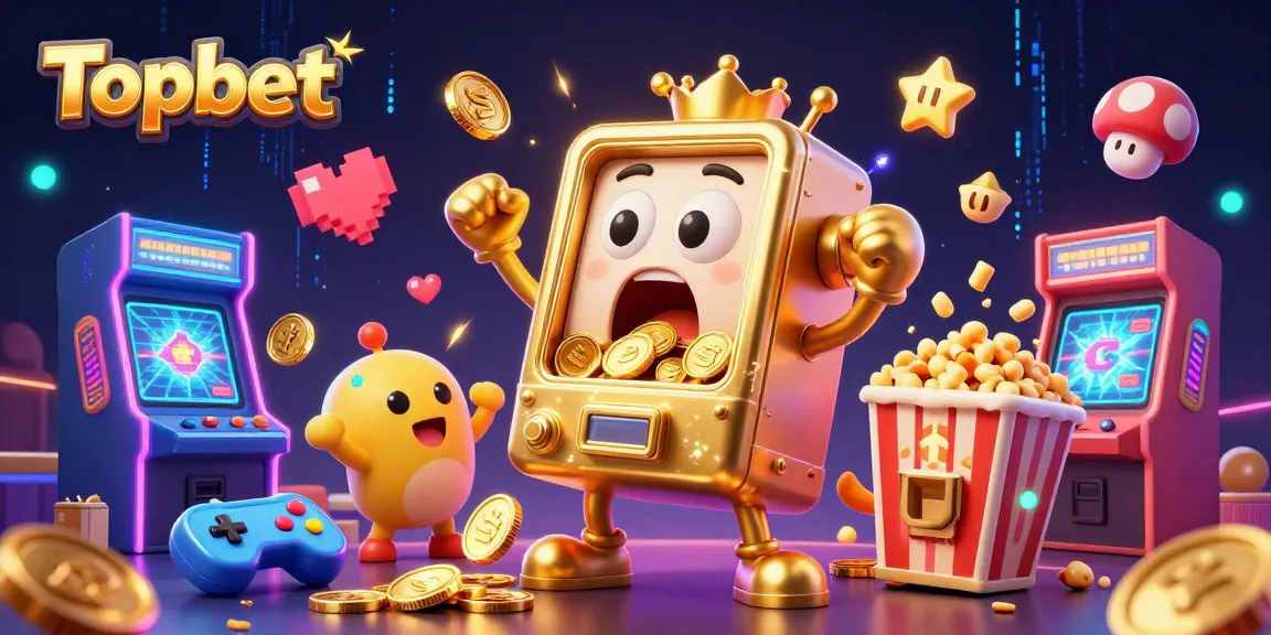 Join Topbet in a dynamic celebration with golden slot machines hitting jackpots and coins pouring as characters cheer.