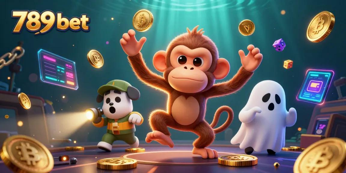 Experience thrilling 789 bet entertainment with a playful monkey and ghost-hunter puppy in a vibrant casino.