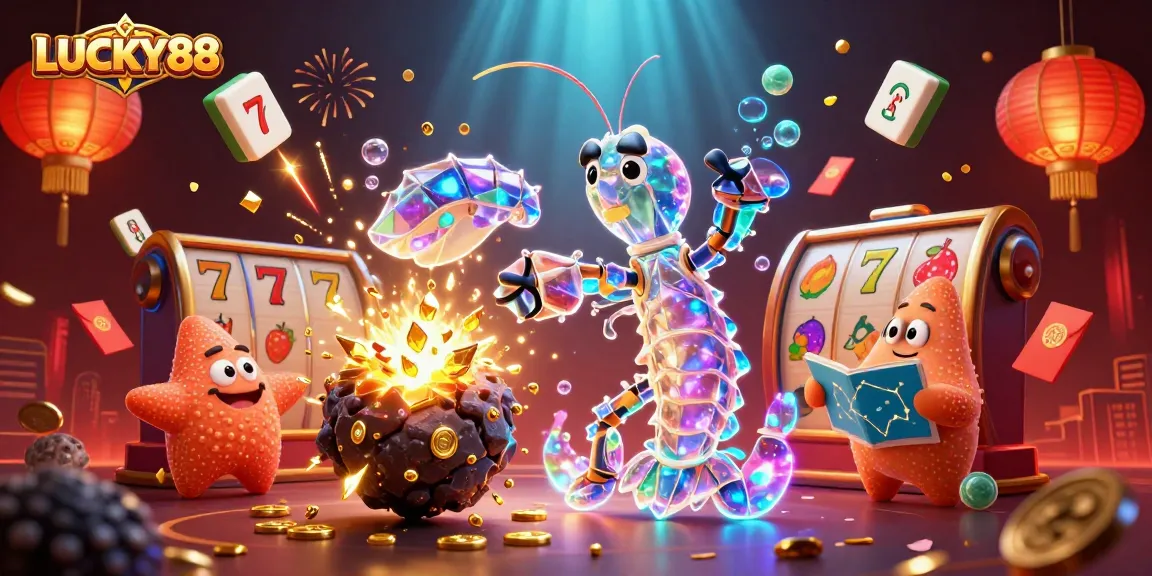 Experience the excitement of LUCKY88 slots with vibrant casino elements in a dynamic 3D scene.
