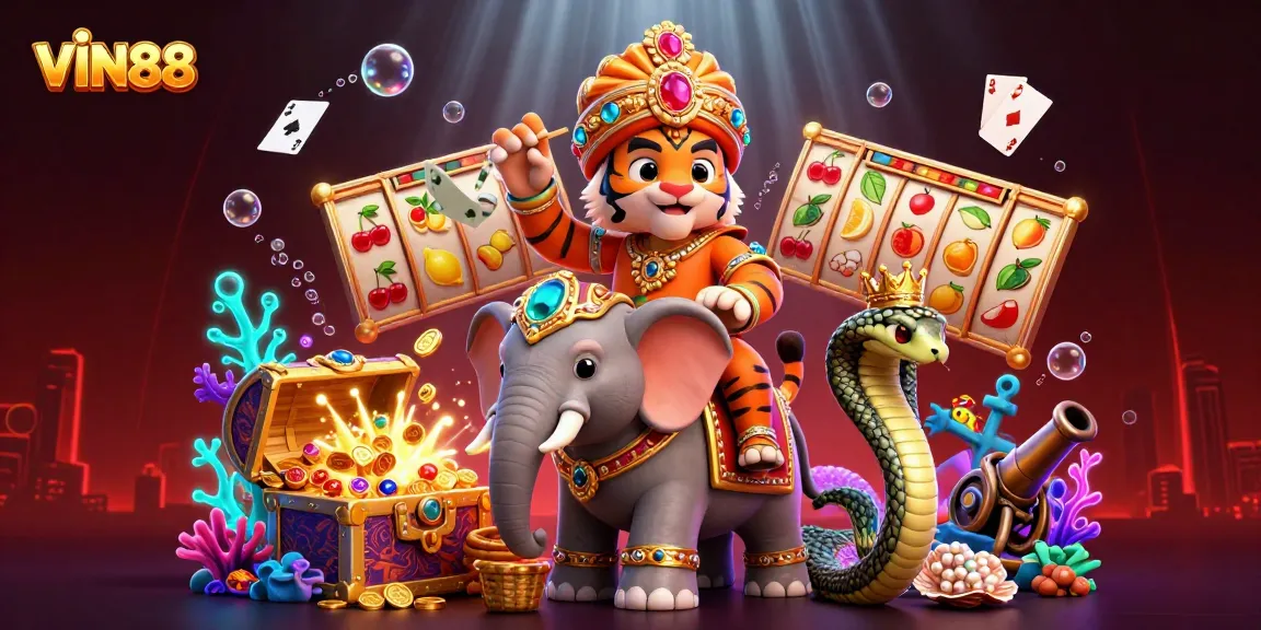 Experience the excitement of VIN88 with a vibrant 3D casino illustration featuring dynamic slot elements.