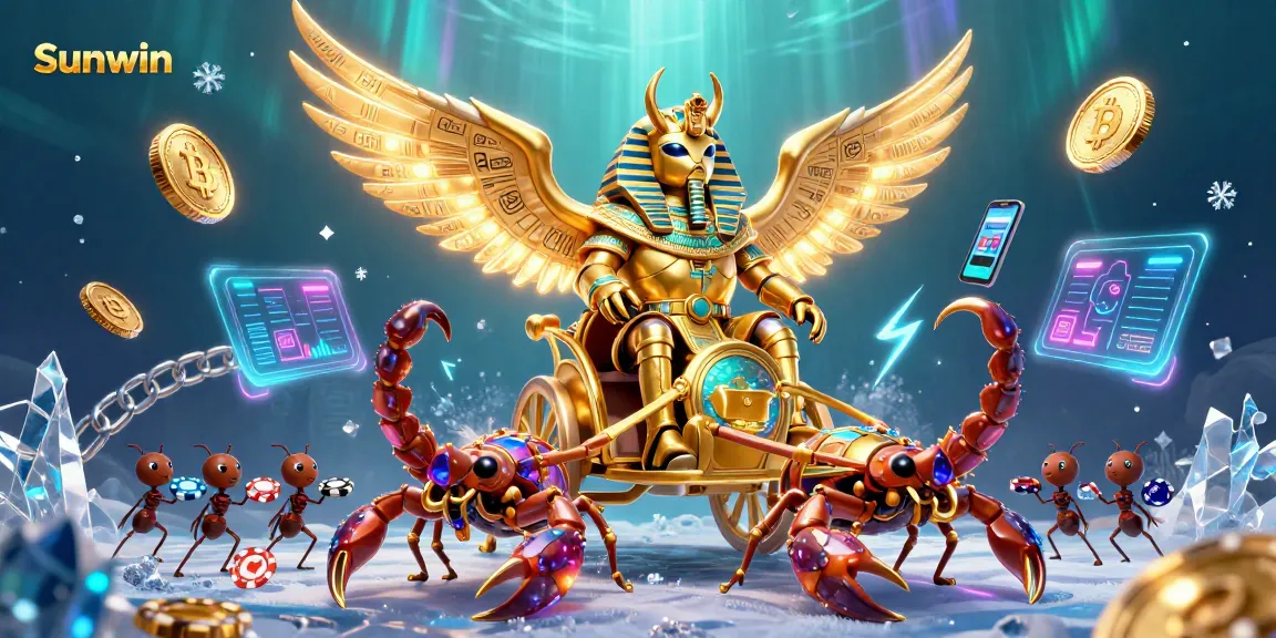 Sunwin online casino illustration featuring a golden scarab beetle and glowing coins in action.