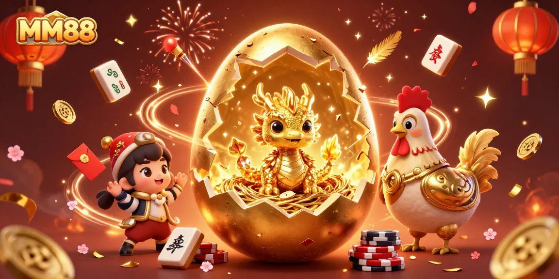 Experience thrilling wins at MM88, where a dazzling golden dragon guards poker chips amid festive elements.